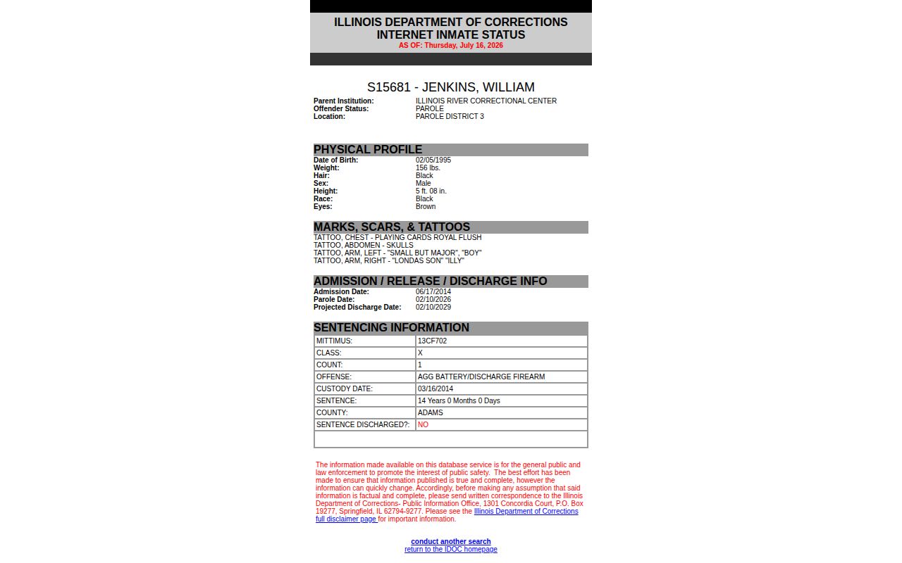 Randolph County IDOC projected release and discharge date fields