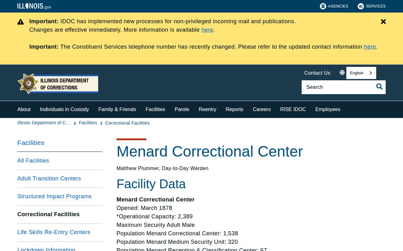 Official Illinois Department of Corrections page for Menard Correctional Center