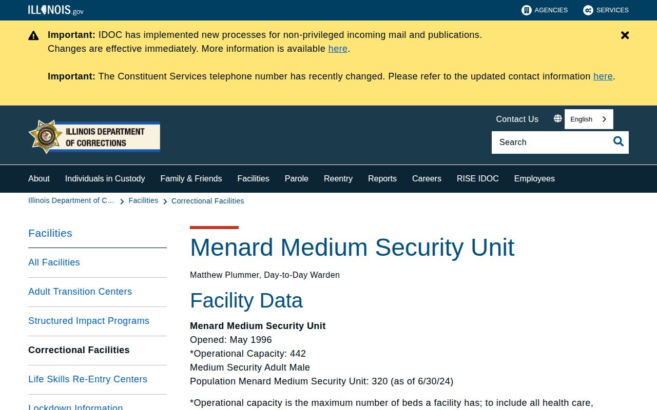 Menard Medium Security Unit official IDOC facility and release information