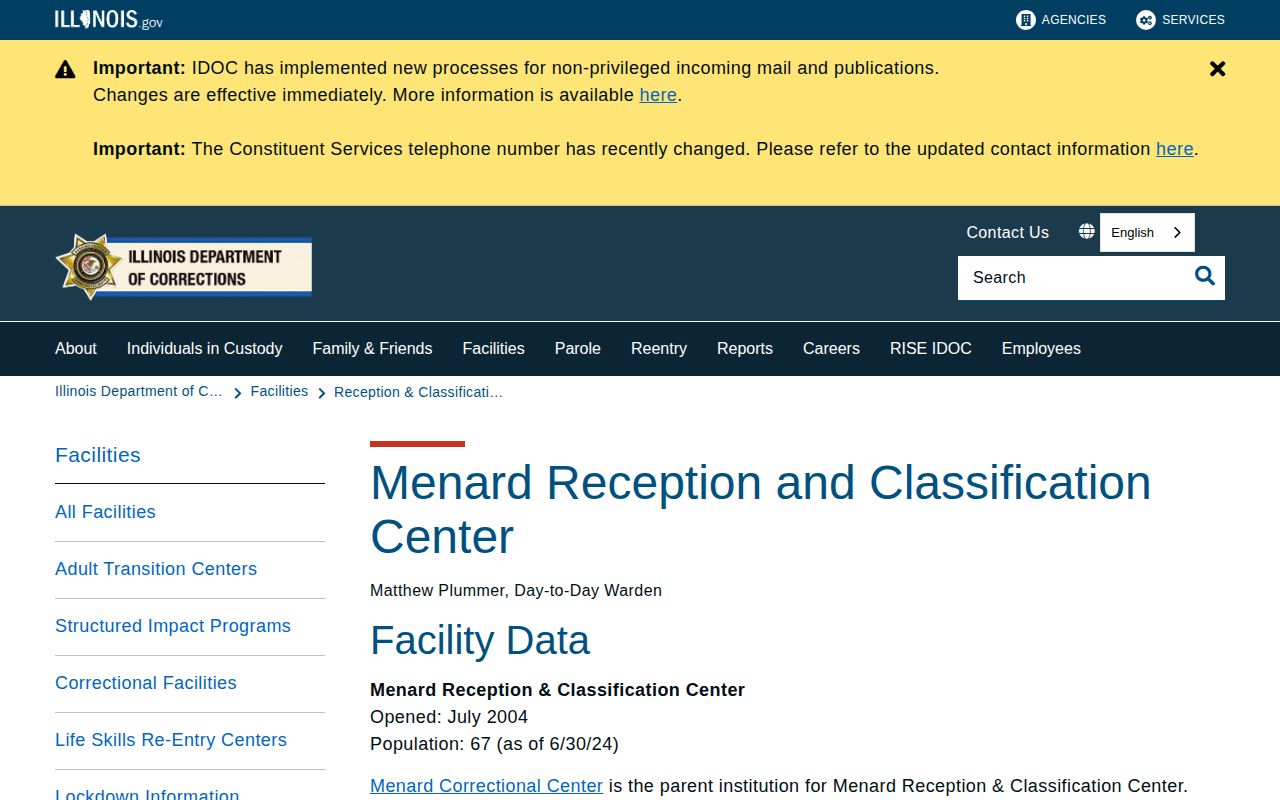 Menard Reception and Classification Center official IDOC custody status source